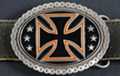 oval belt buckle with black and orange iron cross on black enamel and rimmed with motorcycle chain