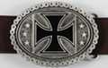 oval belt buckle with black iron cross on scarified pewter and rimmed with motorcycle chain
