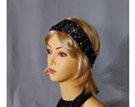 black bunched stretch satin headband spangled with holographic foil dots, 9 inches scrunches to 3 at the forehead, covered elastic band at back