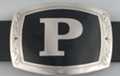 belt buckle with chrome initial "P" on black field