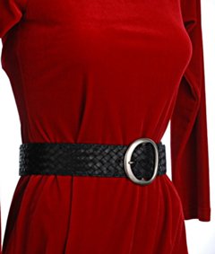 black plaited high waist belt with red dress
