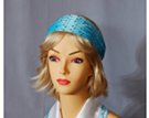 blue bunched stretch satin headband spangled with holographic foil dots, 9 inches scrunches to 3 at the forehead, covered elastic band at back