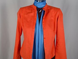 blue striped soft yarn scarf with orange bolero