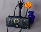 navy blue double shoulder east/west purse, zipper close with front push lock ring flap, nickel polish studs and hardware