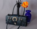 navy blue double shoulder east/west purse, zipper close with front push lock ring flap, nickel polish studs and hardware