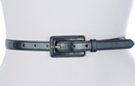 dark gray leather narrow dress belt with boxy buckle