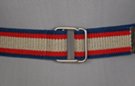 box ring belt, khaki with red and blue striped edges
