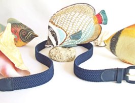 navy blue men's stretch belt with tropical fish