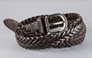 1-1/8" brown braided leather casual dress belt; single stitch tabs and keeper, 1-1/2" by 1-1/2" U-bolt nickel polish buckle