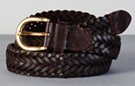 brown braided leather casual dress belt; single stitch tabs and keeper, gold-tone buckle