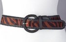 Dark tiger stripe print fashion belt; synth leather braided buckle and border