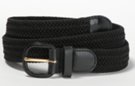 black stretch belt with leather covered buckle and genuine leather tabbing