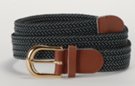 black and gray braided knitted stretch belt with leather tabs and brass buckle
