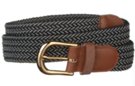 braided stretch belt, black and grey tan tabbing, brass buckle
