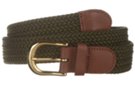 braided knitted elastic stretch belt, olive with tan split leather tabs and brass buckle