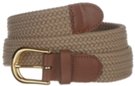 braided knitted elastic stretch belt, sand color with tan split leather tabs and brass buckle