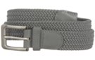 gray stretch belt with silver buckle and genuine leather tabbing