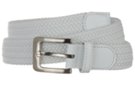 white stretch belt with silver buckle and genuine leather tabbing