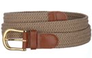 braided knitted elastic stretch belt, sand with tan leather tabs and brass buckle