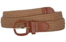 braided knitted elastic stretch belt, tan with tan leather tabs and buckle