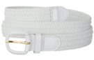 braided knitted elastic stretch belt, white with white leather tabs and buckle