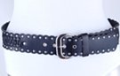 2" wide synth leather belt with scalloped edges, studs along border and braided center, nickel polish buckle