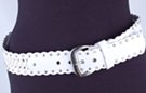 2" wide synth leather belt with scalloped edges, studs along border and braided center, nickel polish buckle