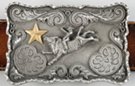 rodeo bull rider brass and pewter rectangular western belt buckle