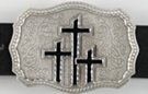 three crosses rectangular belt buckle in black enamel on pewter