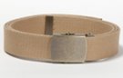beige 1-1/4" military-style web belt, shown with nickel polish and antique brass buckles
