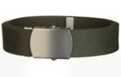 olive green military web belt, shown with nickel polish buckle