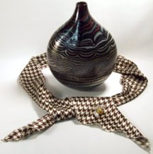 brown and ivory houndstooth satin belt scarf with Bill Poceta Mediteranean glass vase