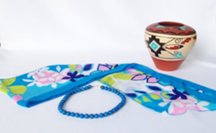 blue and pink chiffon belt scarf with lapis lazuli necklace and Jemez Pueblo pottery