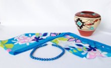 blue and pink chiffon belt scarf with lapis lazuli necklace and Jemez Pueblo pottery