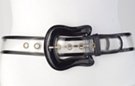 clear plastic fashion belt with black border and guitar-shaped buckle