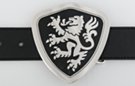 shield shaped belt buckle with chrome coat-of-arms lion
