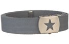 nickel star buckle on gray cotton web belt