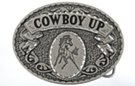 oval pebbled pewter and enamel "Cowboy Up" belt buckle