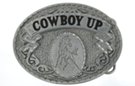 oval pebbled pewter and enamel "Cowboy Up" belt buckle