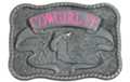 rectangular pewter and enamel Cowgirl Up belt buckle