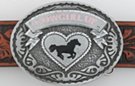 oval pebbled pewter and enamel "Cowgirl Up" belt buckle