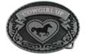 oval pewter and enamel Cowgirl Up belt buckle