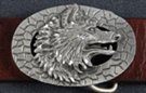 dress size wolf's head in profile on cracked oval pewter belt buckle