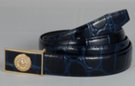navy blue croc embossed dress belt with matching lion head gold buckle