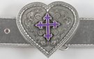 heart-shaped belt buckle with enameled violet fleur-de-lis cross in center