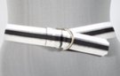 1-1/2" burnished D-ring grosgrain ribbon belt, black, gray and white colored herringbone weave bands alternate with sheer webbing