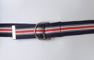 navy blue, red, gray, white narrow D-ring canvas belt
