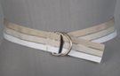 D-ring grosgrain ribbon belt, beige colored twill weave bands alternate with sheer webbing
