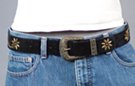 1-1/2" distressed leather strap belt, "daisy chain" brass studs, bronze color western-style squash blossom buckle and keeper