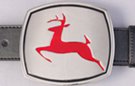 belt buckle, red buck on mirror chrome